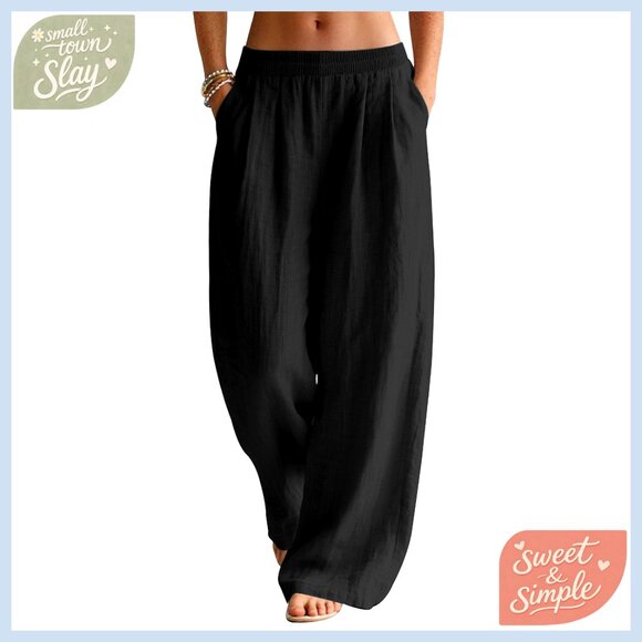 Wide Leg Palazzo Pants Elastic Waist Linen Blend Summer Travel Trousers